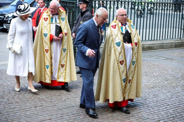 Britain's King Charles and Queen Camilla arrive at Westminster Abbey to attend the Service of Thanksgiving as part of commemorations for the 80th anniversary of Victory in Europe (VE) Day in London, Britain, May 8, 2025. REUTERS/Phil Noble