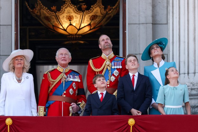 Britain's King Charles, Queen Camilla, Prince William, Prince of Wales, Catherine, Princess of Wales, Prince George, Princess Charlotte and Prince Louis appear on the balcony of Buckingham Palace as part of the Trooping the Colour parade to honour Britain's King Charles on his official birthday in London, Britain, June 14, 2025. REUTERS/Toby Melville