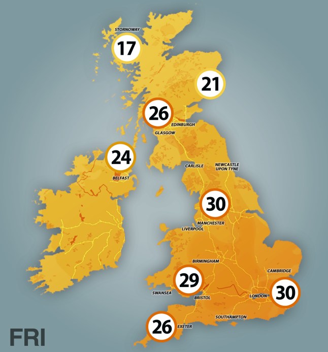 Heatwave map for Friday.