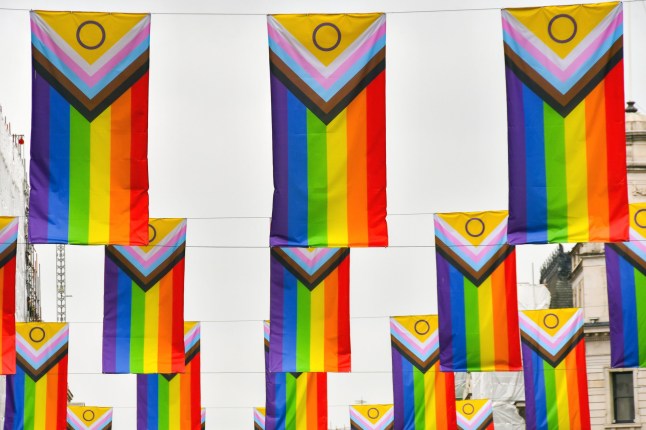 London, England, UK - 27 June 2023: Gay pride flags hanging over Regent Street in central London