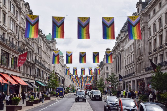 London, UK - June 4 2024: daytime view of Regent Street decorated with Pride flags